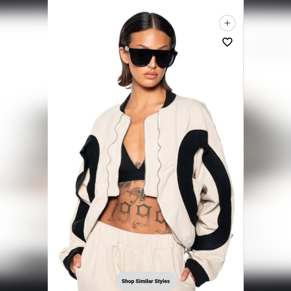 The AKIRA Label Curve Effect Ribbed Trim Beige Bomber